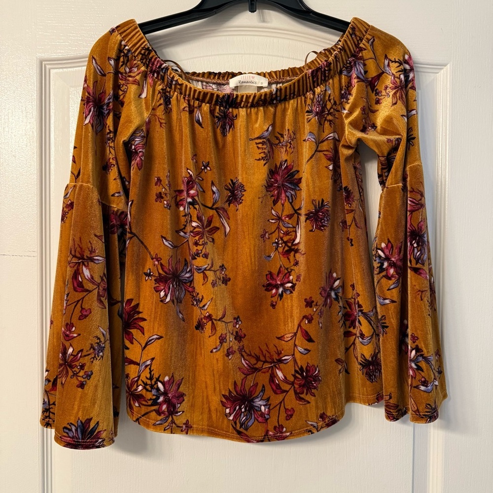 Urban Romantics Velvet Floral Off-Shoulder Top Small Boho Peasant Fairy Grunge